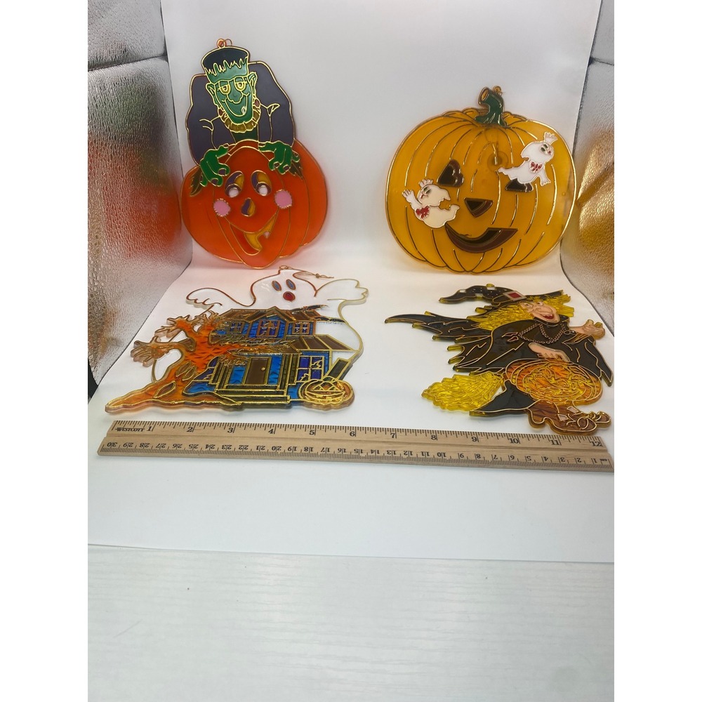 Vintage Halloween Suncatchers Set Witch Ghost Haunted House Pumpkin Decor 4pc - Picture 2 of 7